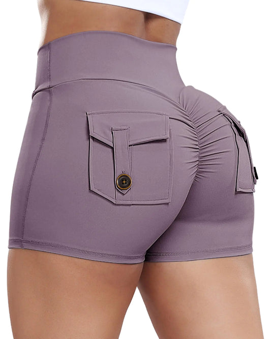 FITTOO Scrunch Butt Lifting Shorts for Women with Pocket V Criss Cross Waist High Waisted Booty Lift Crossover Yoga Workout Gym Shorts (Purple Small)