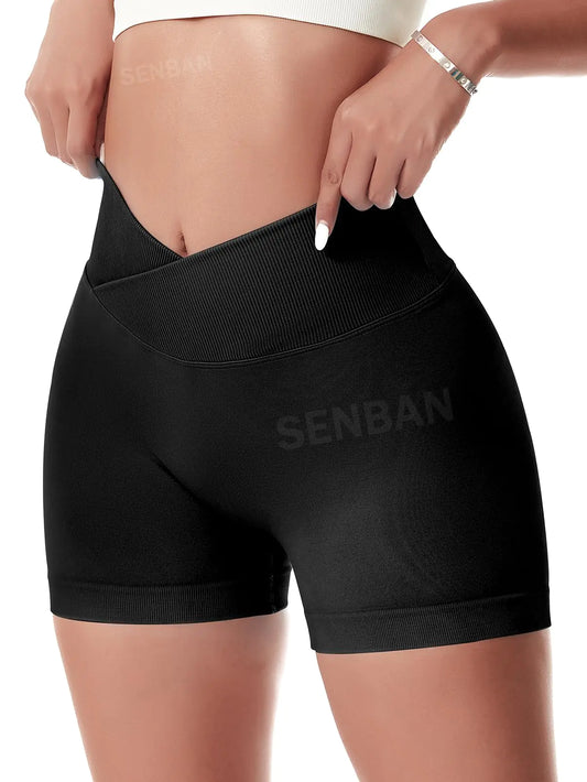 SENBAN V Cross Workout Shorts for Womens Seamless Scrunch Butt Lifting High Waisted Elastic Athletic Gym Biker Shorts Black S