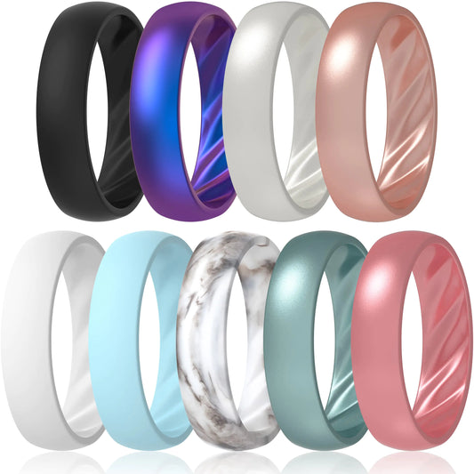 ThunderFit Womens Silicone Wedding Rings Rubber Engagement Bands 6mm Wide 2mm Thick - 1/4/6/8/9/12 Variety Multipack